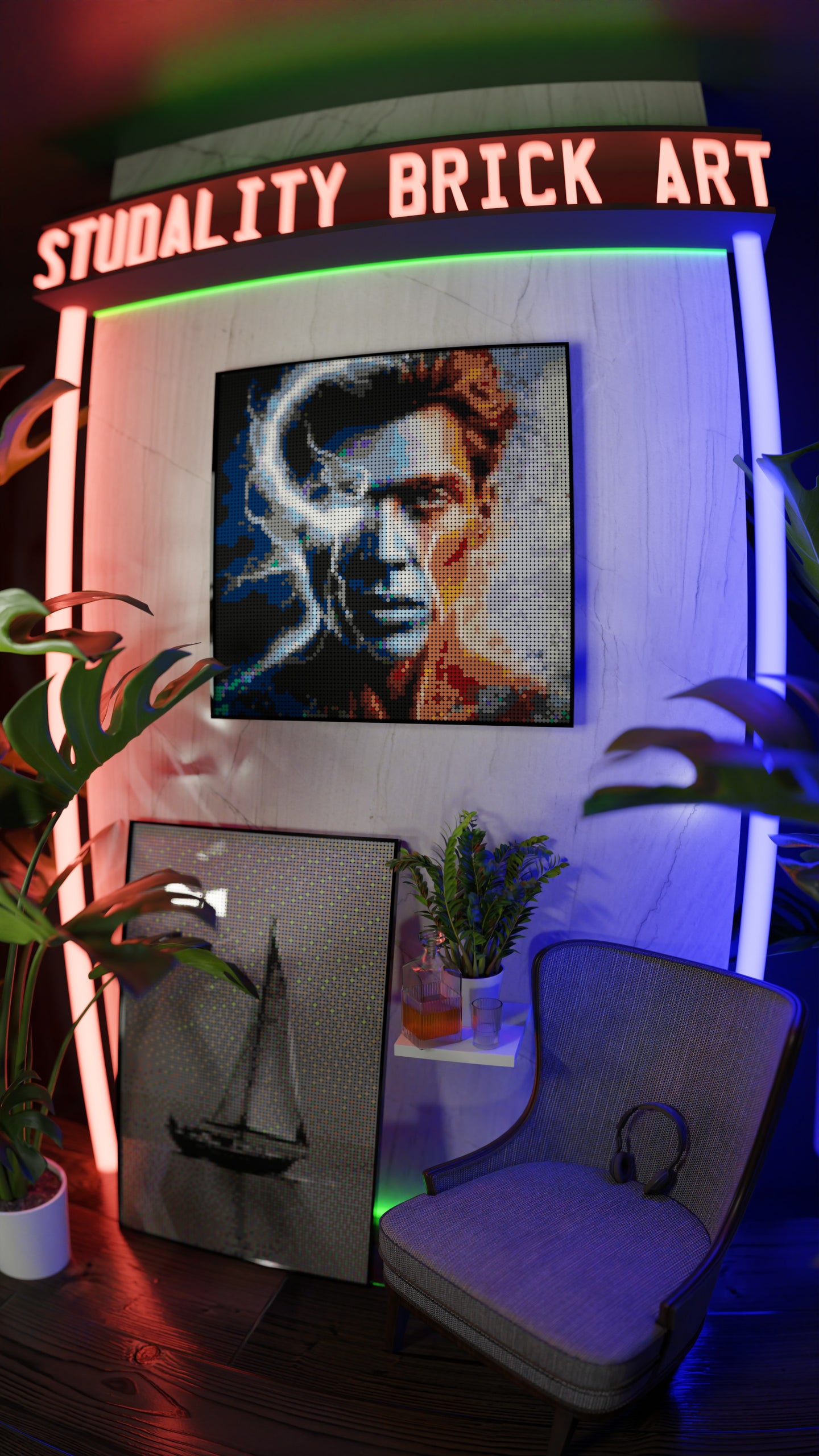 Johnny Omegabyte LEGO® Style mosaic wall art made from colorful plastic bricks